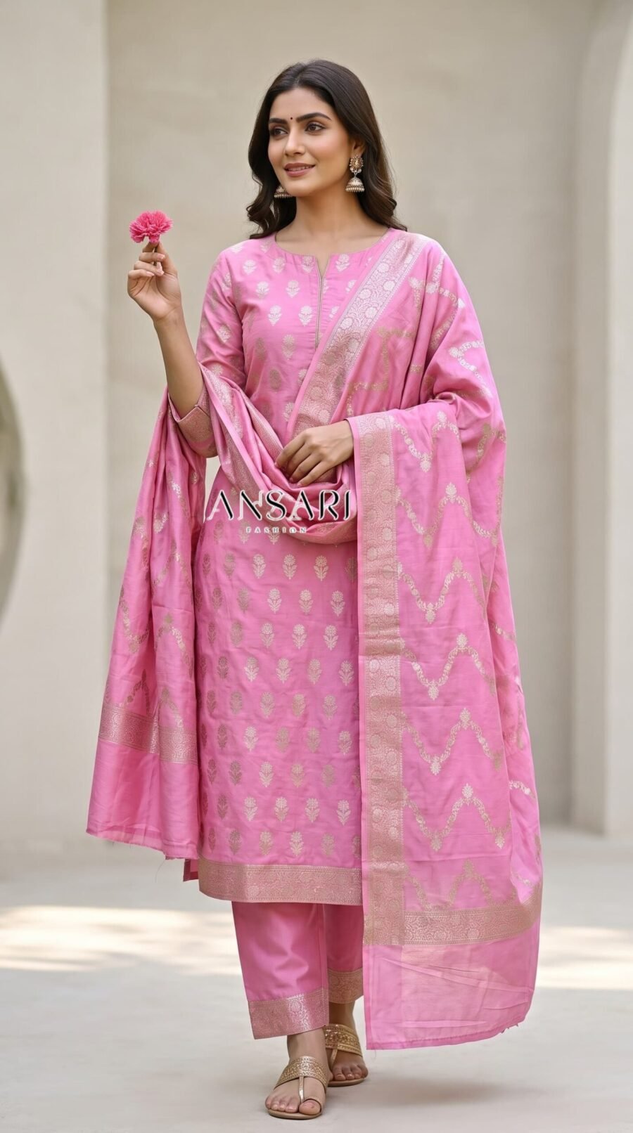 Banarasi pure Cotton Suit – Pink Zari Buti & Jaal Dupatta