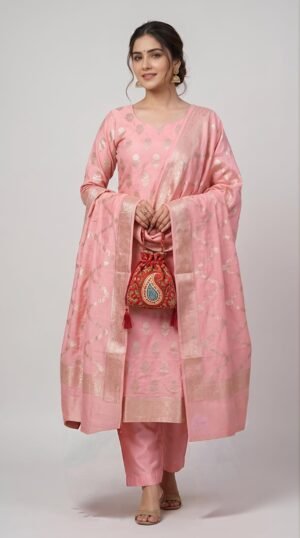 Home 177 Banarasi pure Cotton Suit Set – Pastel Peach