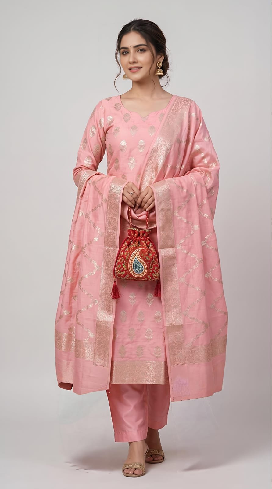 Banarasi pure Cotton Suit Set – Pastel Peach 1 Banarasi pure Cotton Suit Set – Pastel Peach