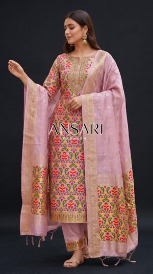 Home 315 Banarasi Jamdani Silk Unstitched Suit Set – Pastel Pink