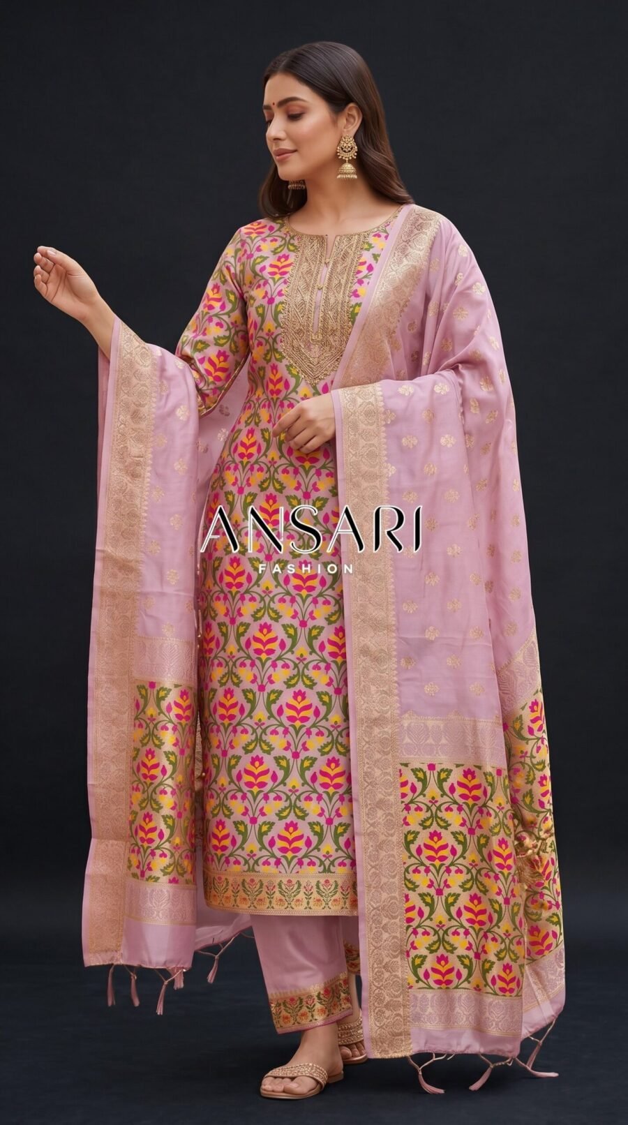 Banarasi Jamdani Silk Unstitched Suit Set – Pastel Pink