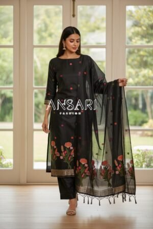 Banarasi Suits – Silky Cotton Tilfi Meena & Zari Woven with Dupatta – black