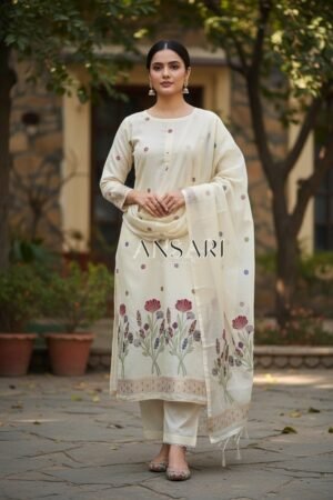 Banarasi Suits – Silky Cotton Tilfi Meena & Zari Woven with Dupatta – Off White