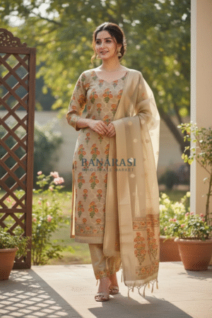 Banarasi Suits – Jamdani Silky Cotton Tilfi Meena & Zari Weave – Golden