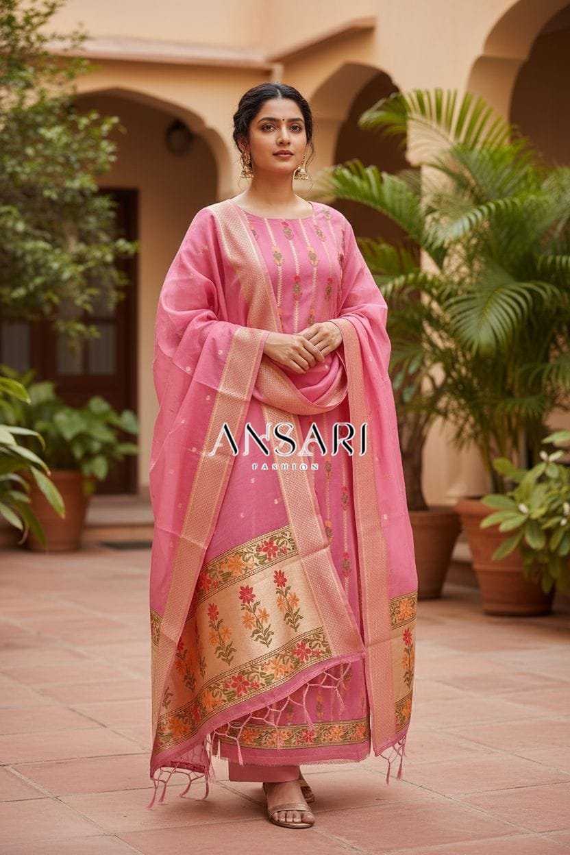 Banarasi Jamdani Tilfi Meena Suit Set – Handwoven Cotton Silk with Floral Dupatta 1 Banarasi Jamdani Tilfi Meena Suit Set – Handwoven Cotton Silk with Floral Dupatta