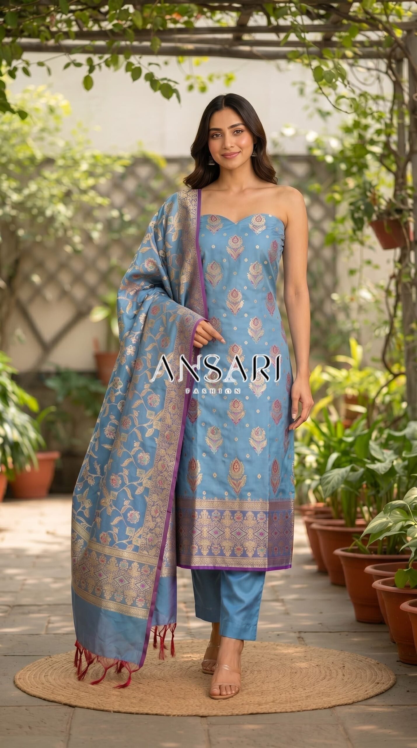 Light Blue Soft Katan Banarasi Silk Tilfi Meena Zari Woven Unstitched Suit Set for Women 1 Light Blue Soft Katan Banarasi Silk Tilfi Meena Zari Woven Unstitched Suit Set for Women