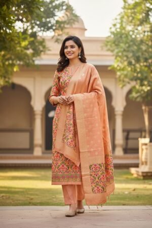 Home 267 Peach Banarasi Tilfi silk zari Suit with Meena Weaving – Premium Unstitched 3-Piece Set