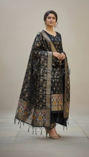 Black banarasi cotton Suit With gold Zari Buti for Women