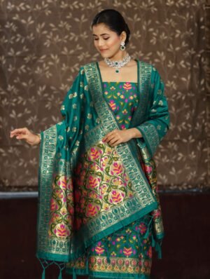 Home 259 Rama Banarasi Silk Suit with Meena Weaving – Matching Top & Dupatta Design | Premium Unstitched 3-Piece Set
