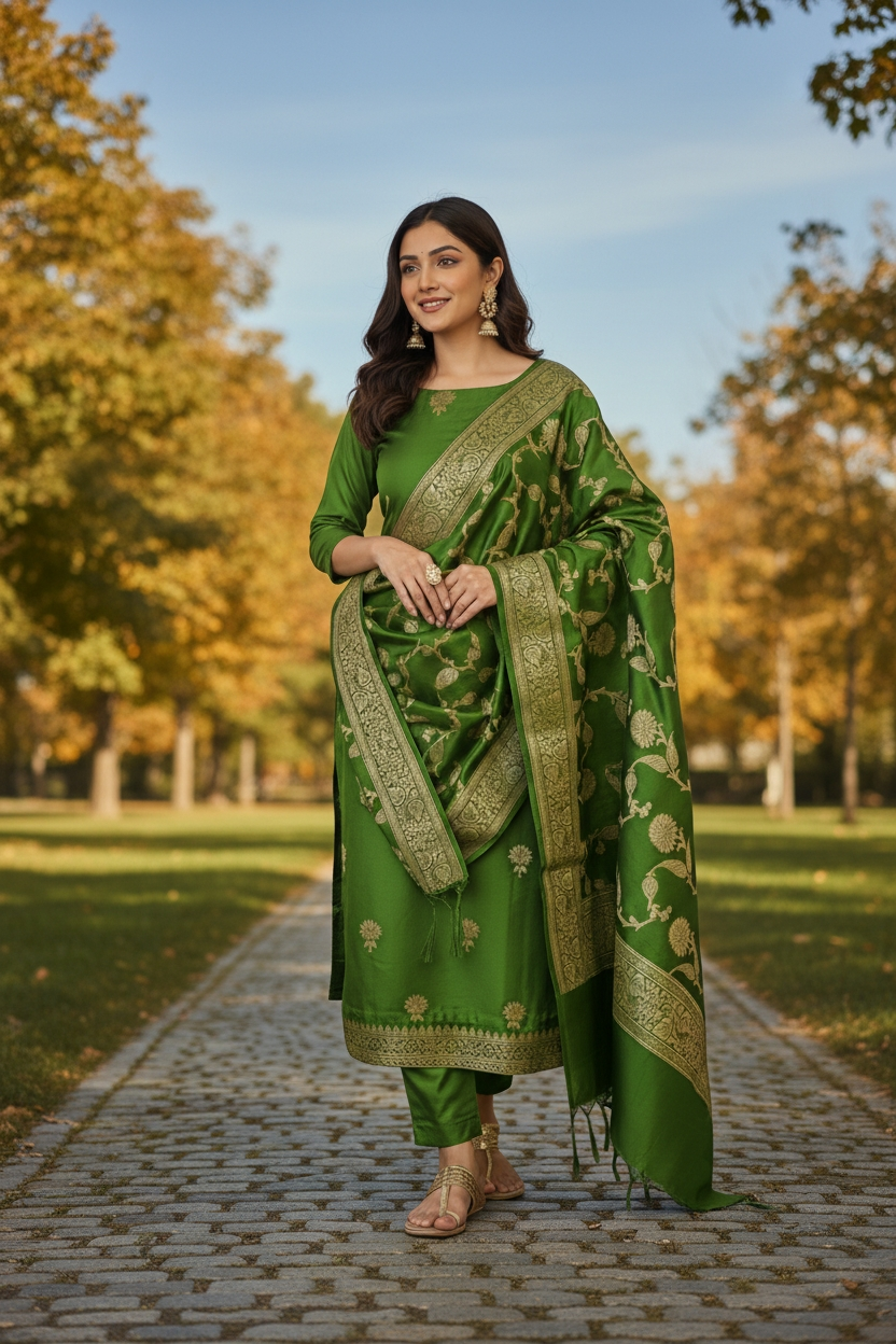 Mehendi color Banarasi Silk Zari Suit Set 1 Mehendi color Banarasi Silk Zari Suit Set