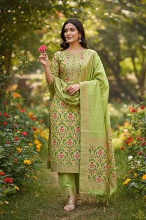 Pista Green Banarasi Tilfi silk zari Suit with Meena Weaving – Premium Unstitched 3-Piece Set