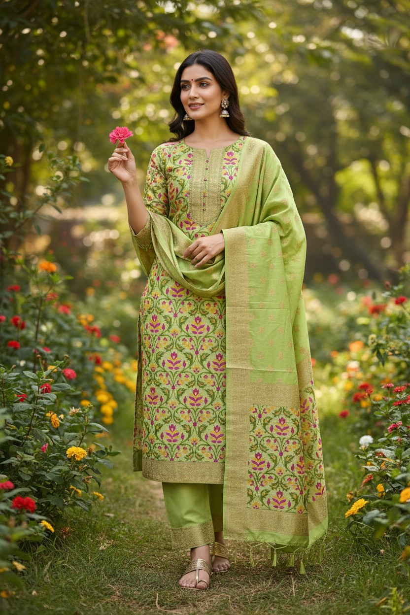 Pista Green Banarasi Tilfi silk zari Suit with Meena Weaving – Premium Unstitched 3-Piece Set 1 Pista Green Banarasi Tilfi silk zari Suit with Meena Weaving – Premium Unstitched 3-Piece Set