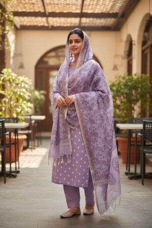 Banarasi Suits – Chanderi Buti with Tie-Dye Dupatta – Lavender