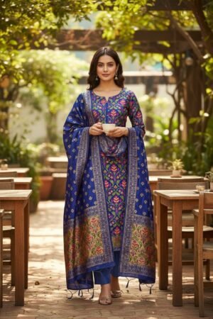 Home 257 Banarasi Tapeta Silk Zari Tilfi Meena Suit Set – Royal Blue