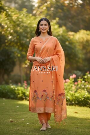 Banarasi Suits – Silky Cotton Tilfi Meena & Zari Woven with Dupatta – Peach