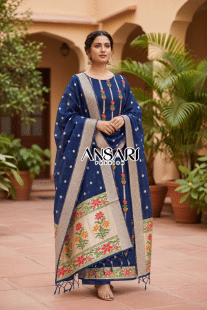 Home 241 Elegant navy blue Banarasi Tilfi Meena Suit – Jamdani Cotton with Matching Dupatta & Bottom