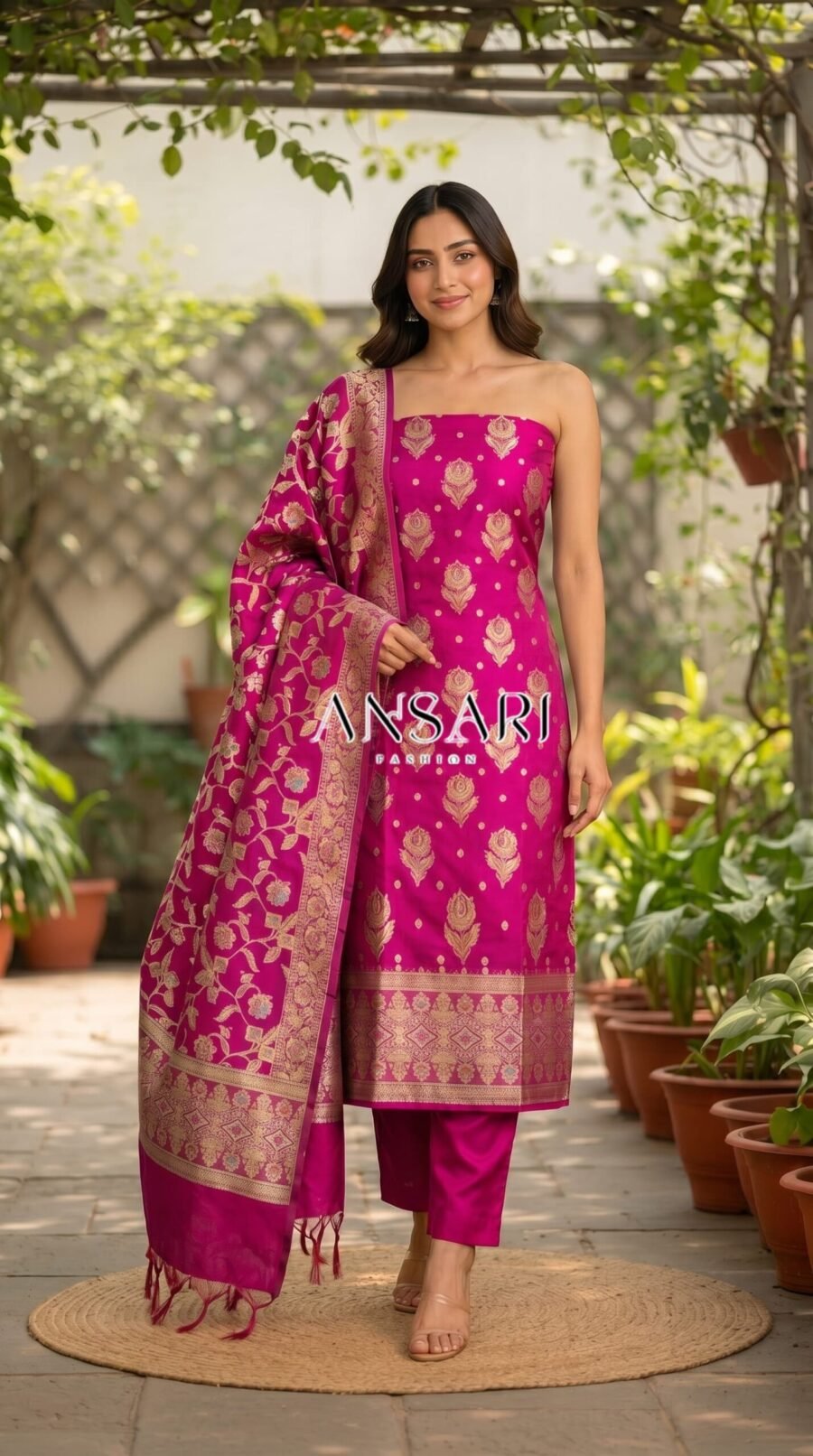 Rani Soft Katan Banarasi Silk Tilfi Meena Zari Woven Unstitched Suit Set for Women