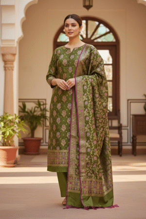 Home 183 Olive Green Soft Katan Banarasi Silk Tilfi Meena Zari Woven Unstitched Suit Set for Women