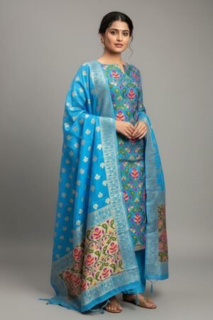 Banarasi Suits – Zari Silk Tilfi Meena with Dupatta – Sky Blue