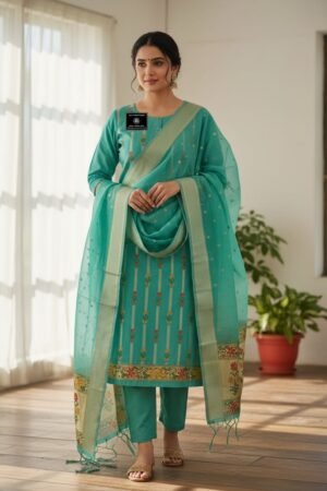 Sea Green Banarasi Tilfi Meena Suit Set – Jamdani Cotton with Woven Dupatta & Jhalar Work