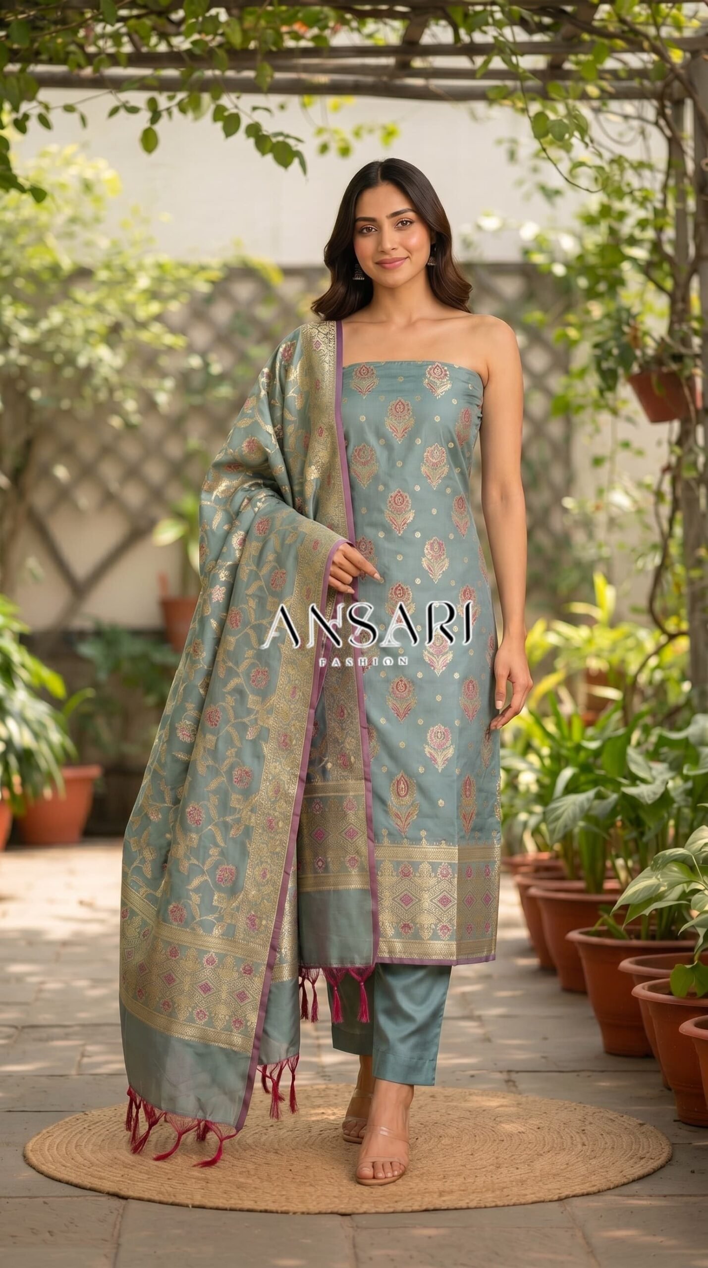 Light Grey Soft Katan Banarasi Silk Tilfi Meena Zari Woven Unstitched Suit Set for Women 1 Light Grey Soft Katan Banarasi Silk Tilfi Meena Zari Woven Unstitched Suit Set for Women