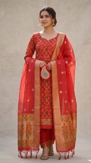 Home 321 Banarasi Jamdani Cotton Suit Set – Red Traditional Ethnic Wear