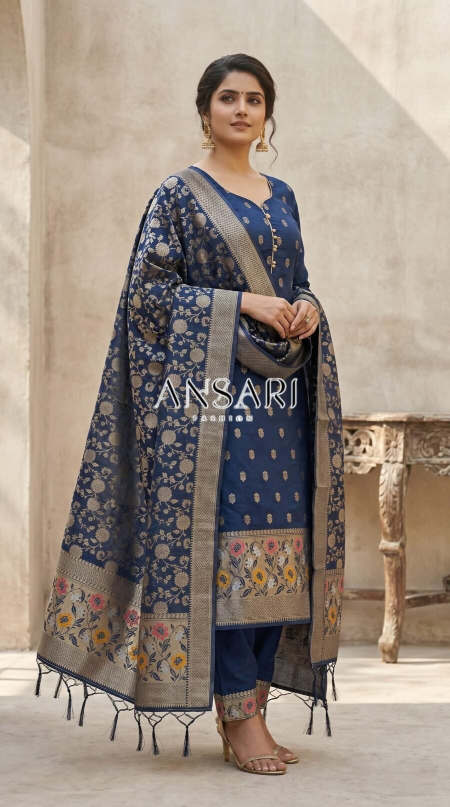 dark blue Banarasi Cotton Silk Tilfi Meena Suit Material  Premium Unstitched 3-Piece Set