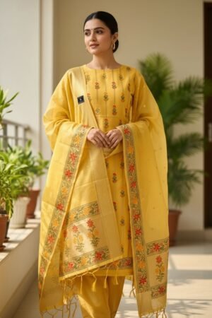 Home 247 Yellow Glow – Banarasi Tilfi Meena Jamdani Suit Set”