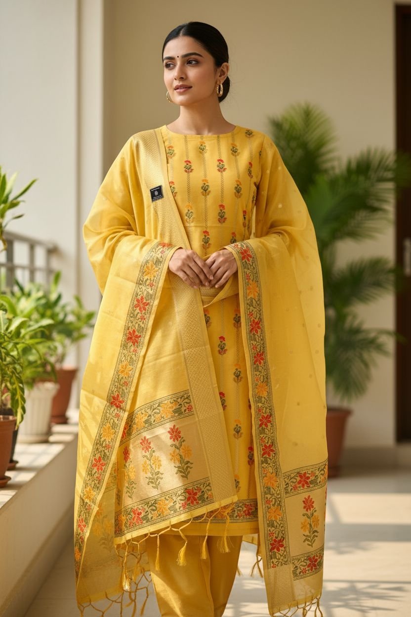 Yellow Glow – Banarasi Tilfi Meena Jamdani Suit Set” 1 Yellow Glow – Banarasi Tilfi Meena Jamdani Suit Set”