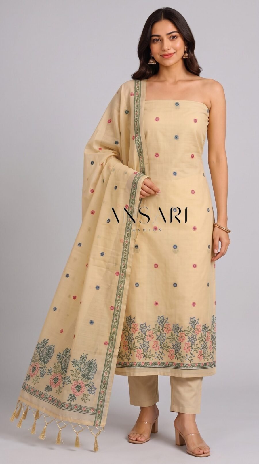 Banarasi Jamdani Cotton Suit – Tussar Beige Floral Border