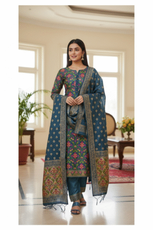 Grey Banarasi Silk Suit with Meena Weaving – Matching Top & Dupatta Design | Premium Unstitched 3-Piece Set