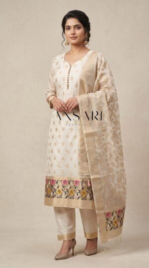 Home 275 Banarasi Jamdani Cotton Suit Set – Elegant off White traditional Design
