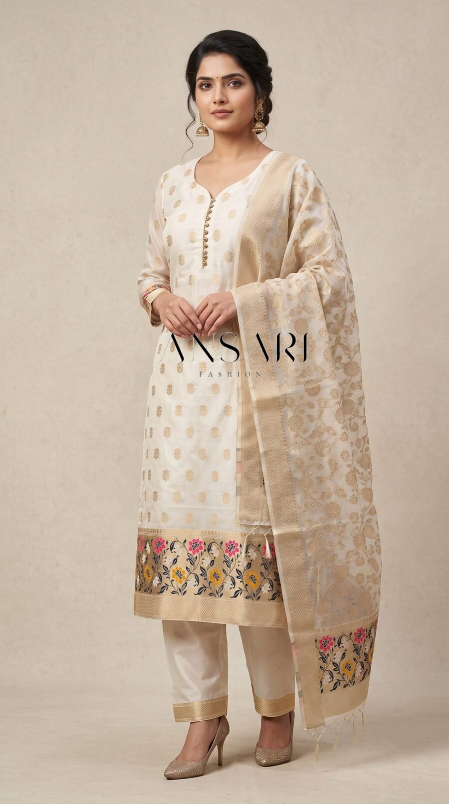 Banarasi Jamdani Cotton Suit Set – Elegant off White traditional Design