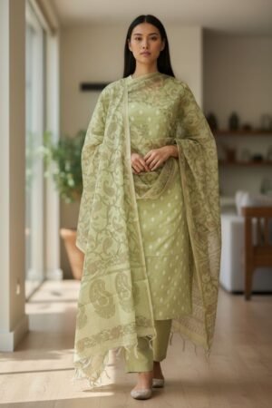 Banarasi Suits – Chanderi Buti with Tie-Dye Dupatta – Pista Green
