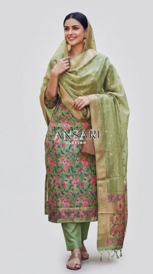 Home 239 Green Silk Unstitched Suit Material for Women