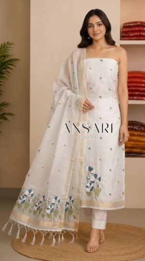 Home 233 Pearl White Banarasi Jamdani Cotton Silk Suit Set