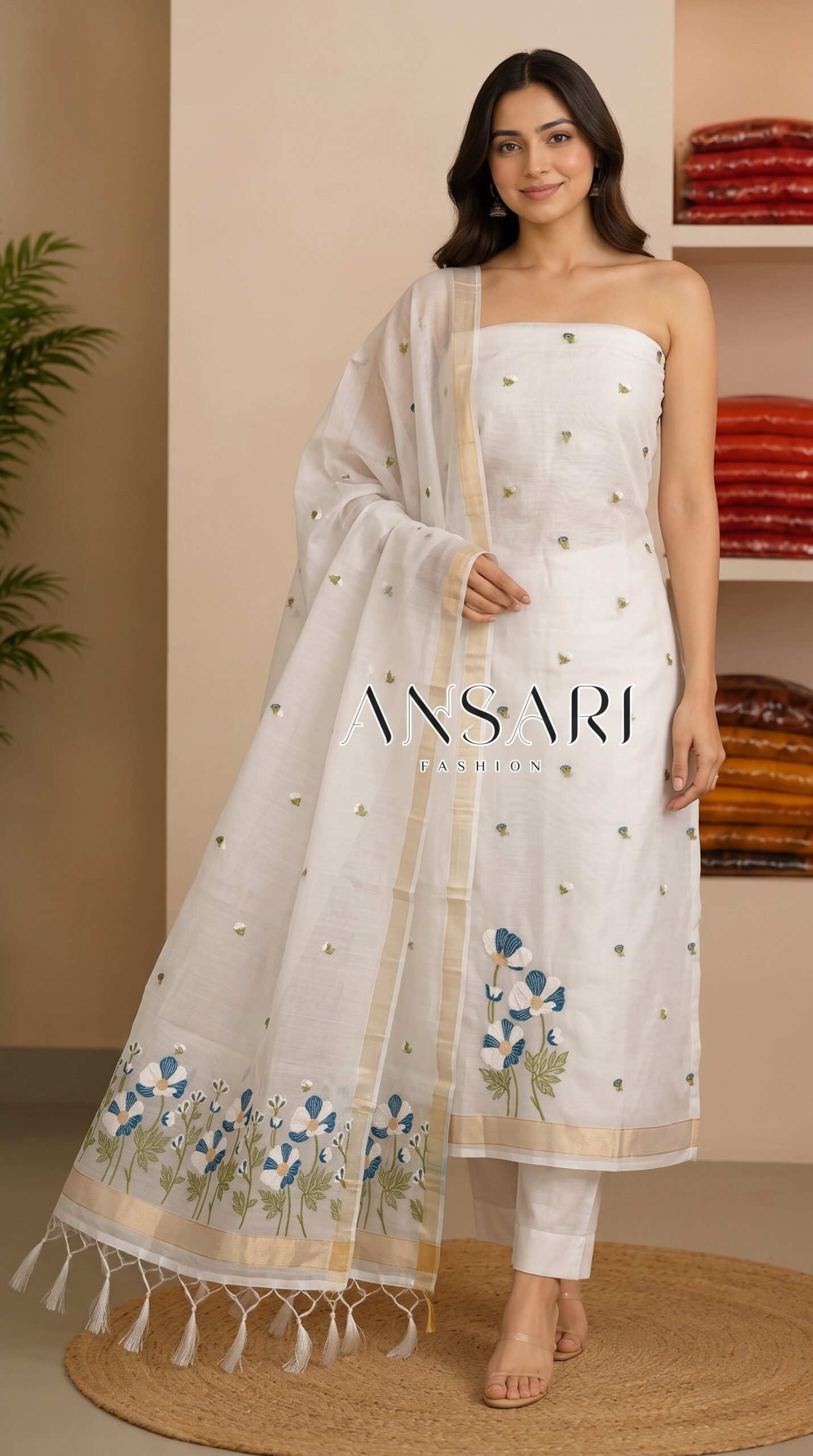 Pearl White Banarasi Jamdani Cotton Silk Suit Set 1 Pearl White Banarasi Jamdani Cotton Silk Suit Set
