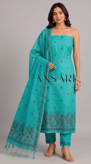 Home 235 Banarasi Jamdani Cotton Suit – Sea Green Floral Buti & Jhalar Dupatta